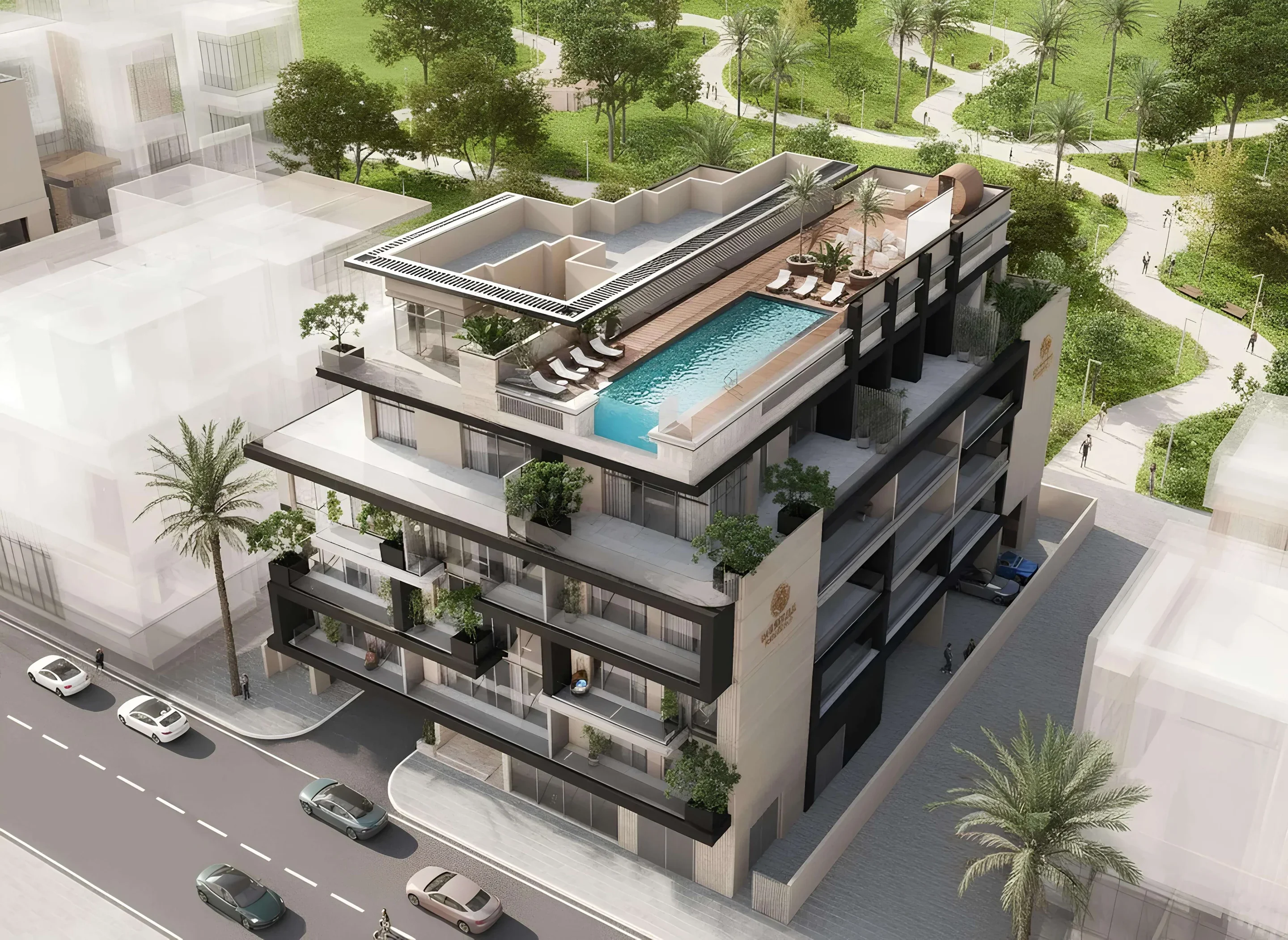 Aerial view of Imperial Suites in Meydan with its rooftop infinity pool